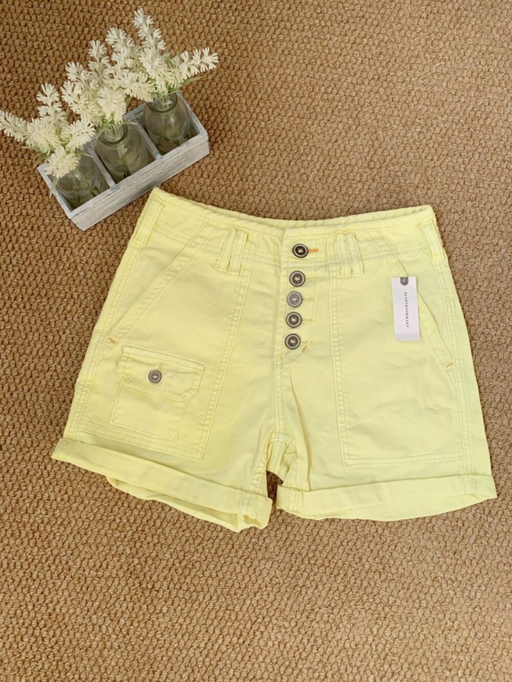 Anthropologie Canary Yellow Button Front Utility Shorts 26 NWT